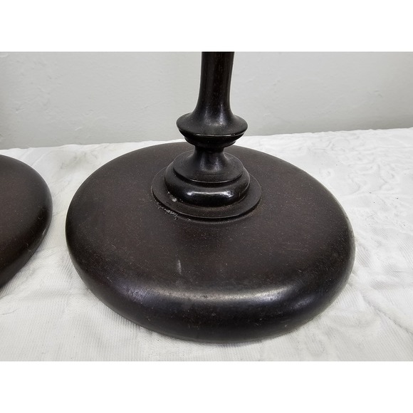 Antique 1900's Dark Wood Candlestick Holders Pair Ornate Brass Top Elegant - Picture 5 of 9